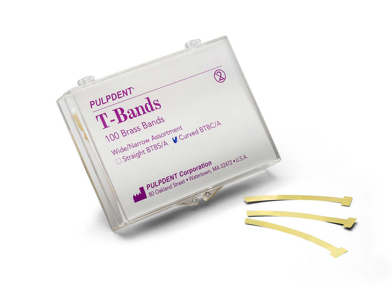 BANDS, “T” TYPE .002”/.05mm Thick (Box of 100) Brass, Curved, Narrow (5/32”)