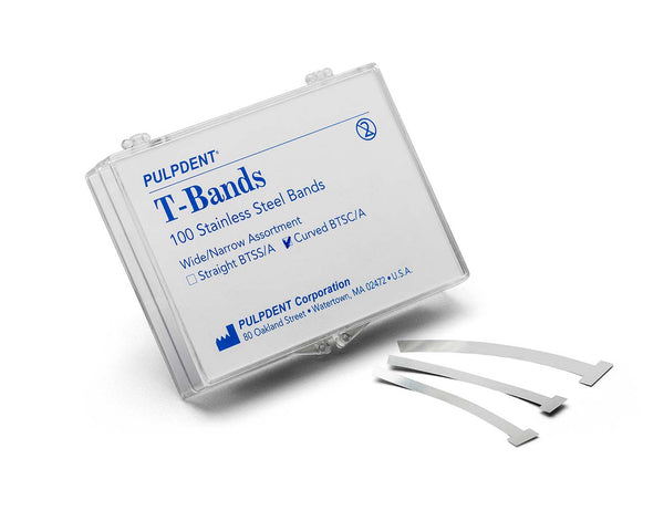 BANDS, “T” TYPE .002”/.05mm Thick (Box of 100) Stainless Steel, Curved, Assorted