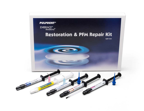 Embrace Wetbond Restoration & PFM Repair Kit: 1.2mL syringe each First-Coat, Seal-n-Shine, Opaquer, Porcelain Etch Gel, Kool Dam + accessories