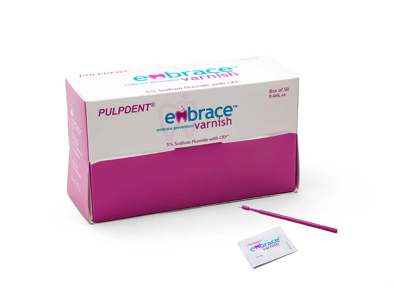 Box of 50 x 0.4 mL Embrace Varnish unit dose packets with applicator brush