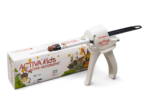 ACTIVA Bio-ACTIVE-KIDS STARTER KIT: 8gm/5mL syringe Opaque White Shade, ACTIVA-SPENSER, + 20 automix tips with bendable 20-gauge metal cannula